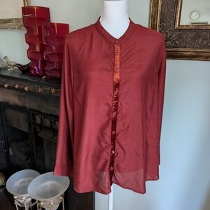 Soft Surroundings Womens XL Sandrine Button Up Velvet Accent Blouse BurntRed 133